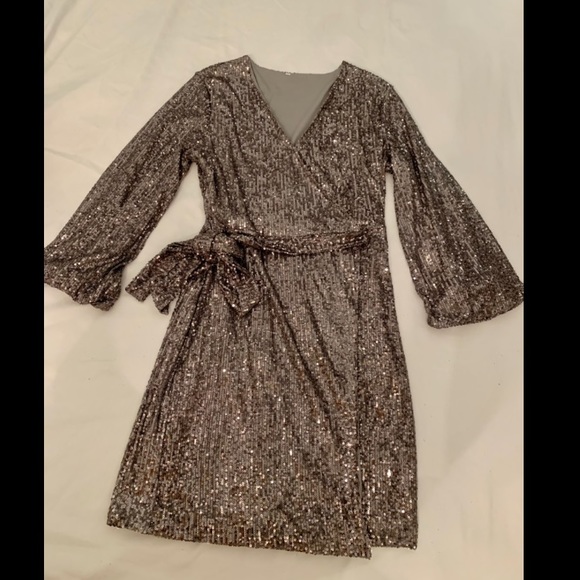 Silver Sequined Wrap Dress, Size L, NWOT - Picture 1 of 5
